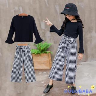 Set Áo Sơ Mi Tay Dài + Quần Dài Sọc Caro Cho Bé Gái 3-12 Tuổi