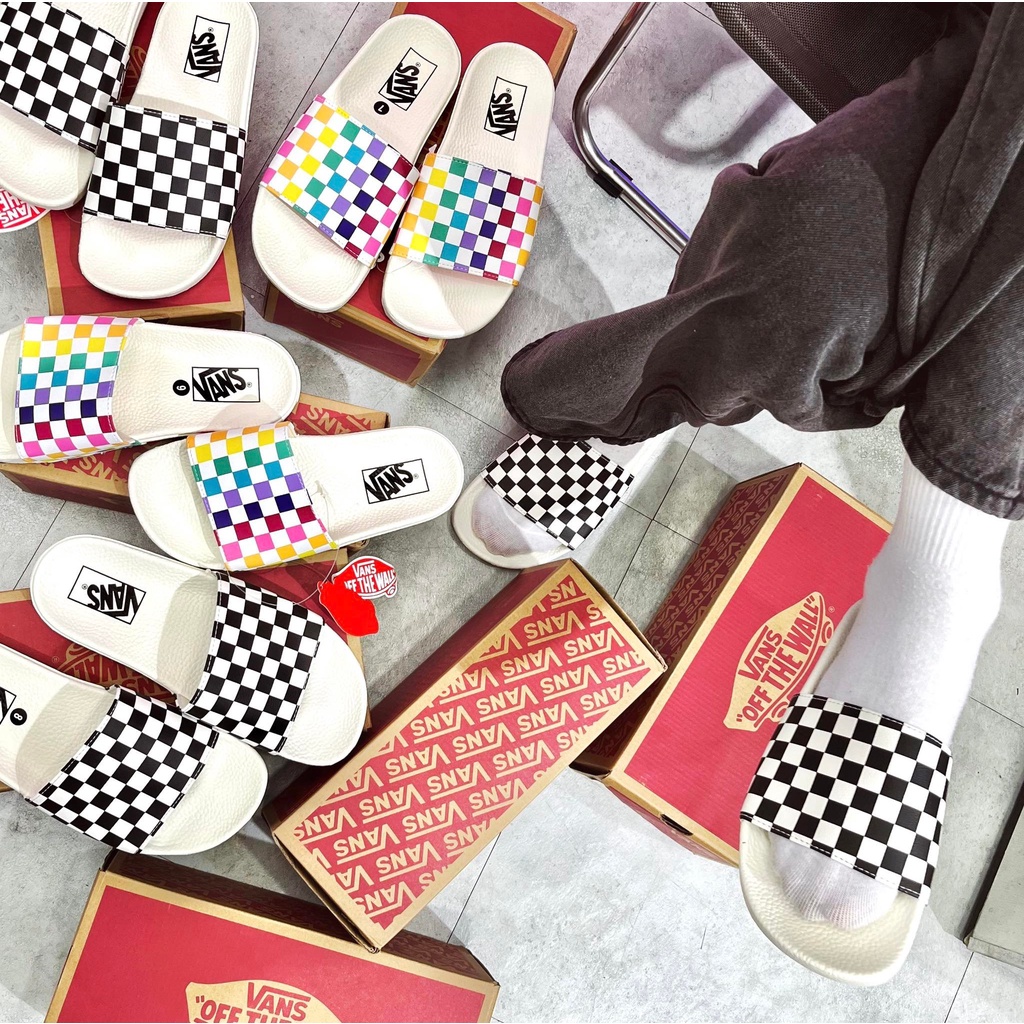 [Hàng Chính Hãng] [Giá Huỷ Diệt] DÉP BÁNH MÌ HOẠ TIẾT BÀN CỜ CARO - VANS CHECKER SLIDES