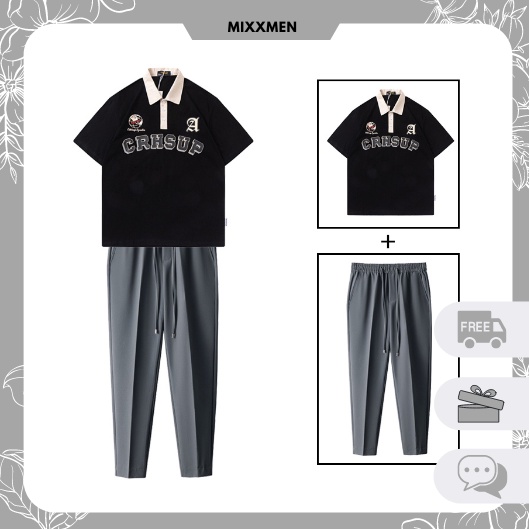 Bộ Quần Áo Nam Áo Polo In Chữ CRHSUP Quần Baggy Ống Đứng Thời Trang MixxMen TOP NAM 227 + QUAN NAM 114