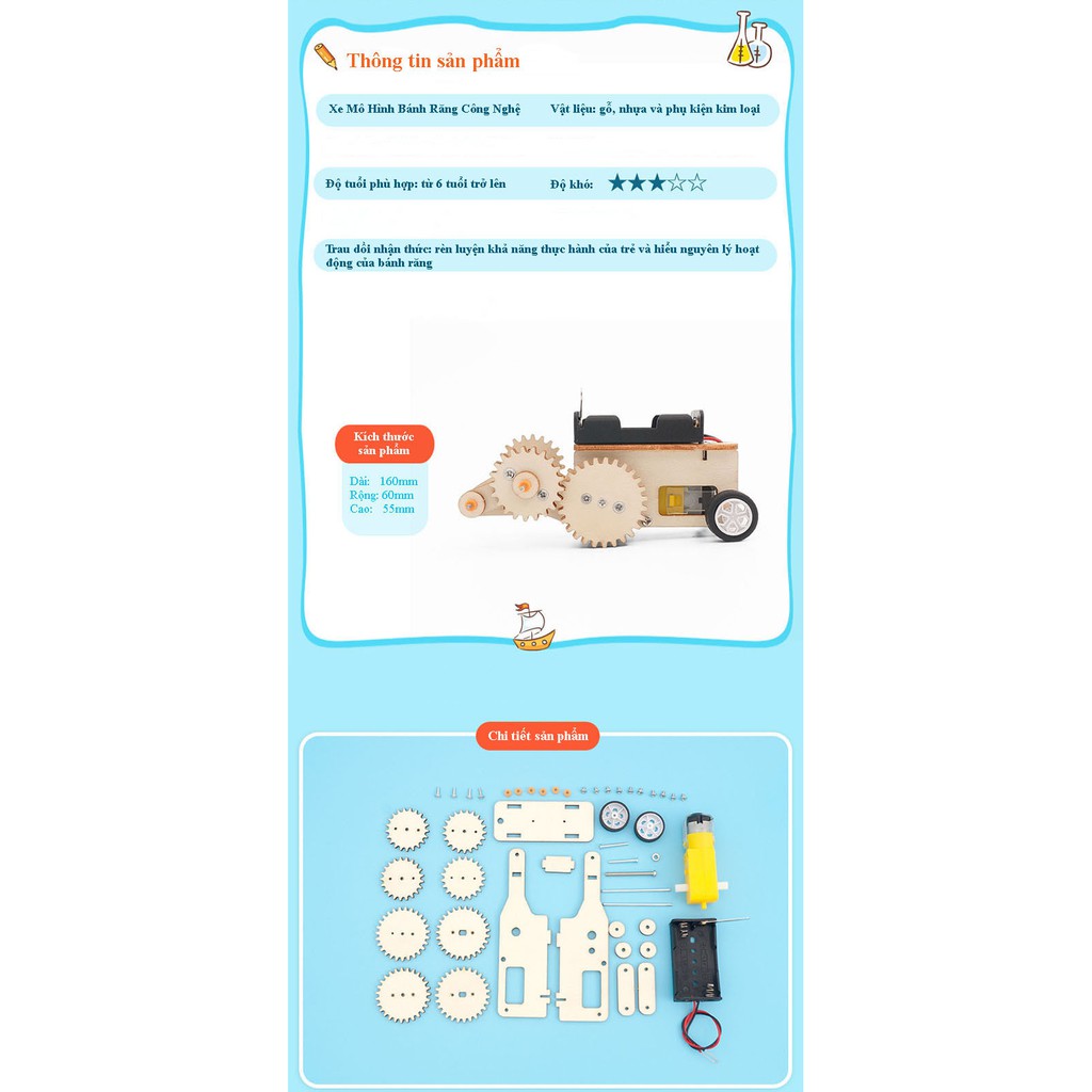 Đồ Chơi Gỗ Xe Mô Hình Bánh Răng Công Nghệ, Đồ Chơi Lắp Ráp Xe Đẩy Khứ Hồi, Đồ Chơi Khoa Học Tự Làm DIY Wood Steam C-24