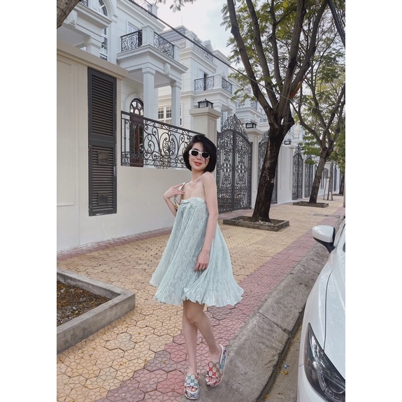 Đầm suông ren thêu 2 dây dập ly