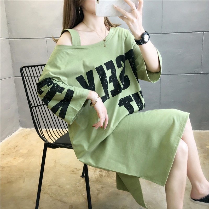 Váy maxi nữ Váy dáng dài Váy suông Harajuku Bf phong cách phụ nữ ăn mặc lỏng lẻo cộng với kích thước béo mm tr