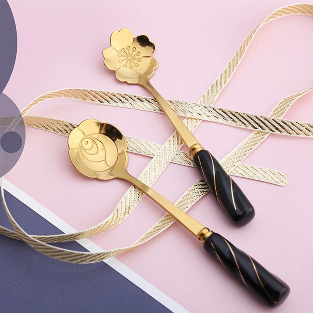 Muỗng thép không gỉ hình hoa tay cầm gốm dùng uống trà/cà phê cho nhà bếp