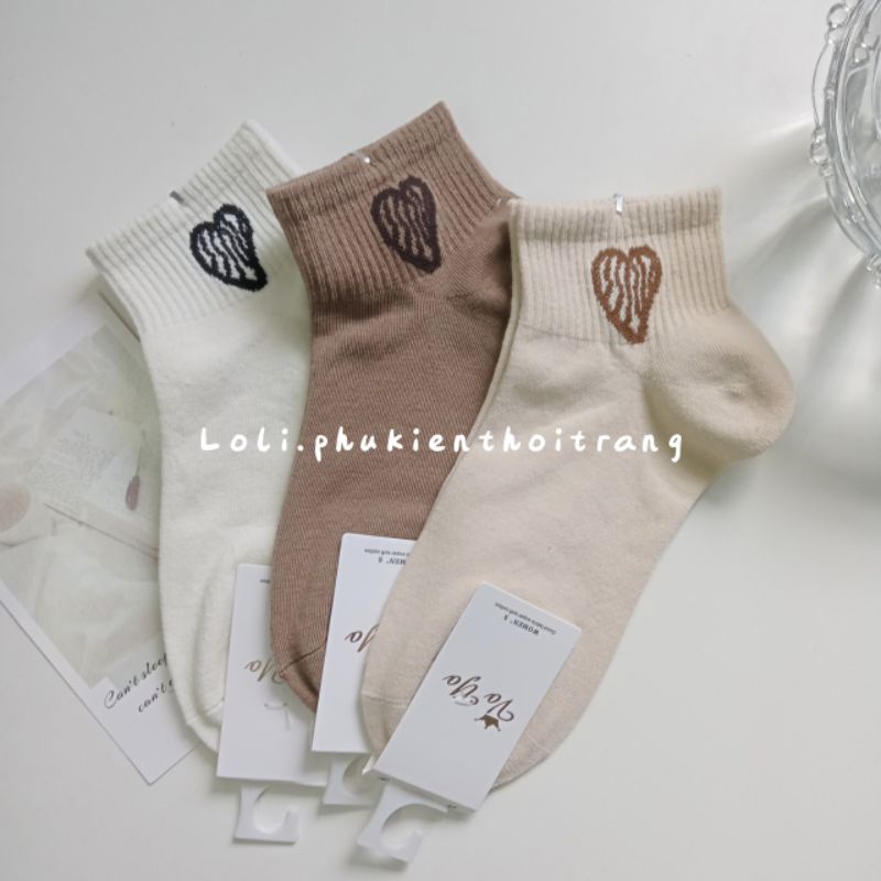 Tất Vớ Nữ Cổ Ngắn In Hình Trái Tim Màu Trà Sữa Phong Cách Hàn Quốc (TN023)
