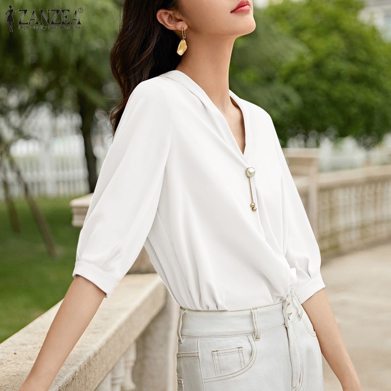 Zanzea Áo Sơ Mi Tay Lửng Cổ V Thời Trang Dành Cho Nữ