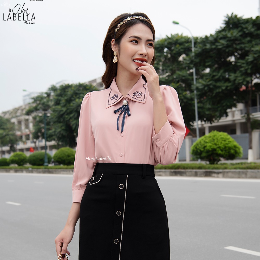 Áo Sơ Mi Nữ HOABELLA Chất Liệu Lụa Cổ Áo Thêu Hoa Cao Cấp (SM11002)