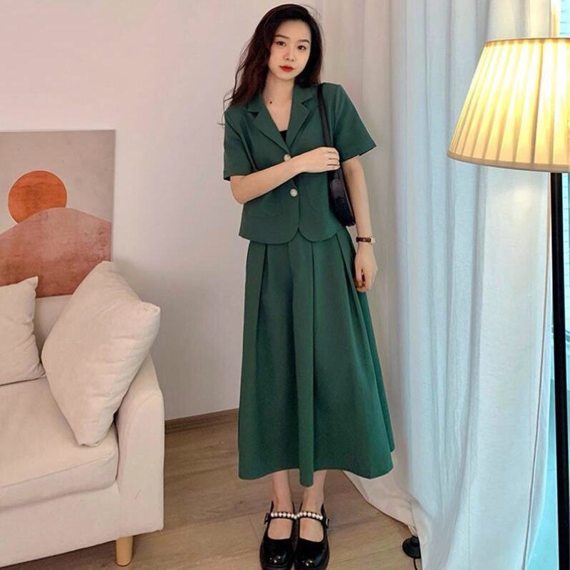 Set chân váy cạp cao phối áo vest ngắn tay