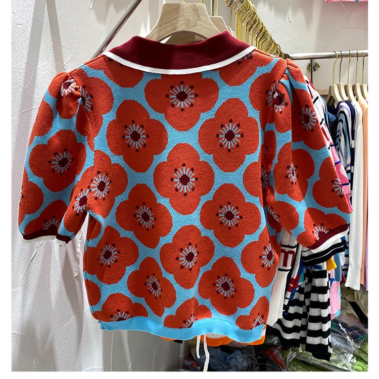 Áo kiểu dệt kim tay phồng cổ polo in họa tiết hoa màu sắc tương phản phong cách retro thời trang mùa hè xinh xắn | BigBuy360 - bigbuy360.vn