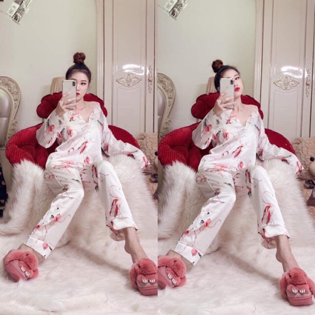 [BỘ NGỦ CAO CẤP] Bộ lụa tay dài hạc hồng trắng