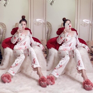 Bộ lụa tay dài hạc hồng trắng