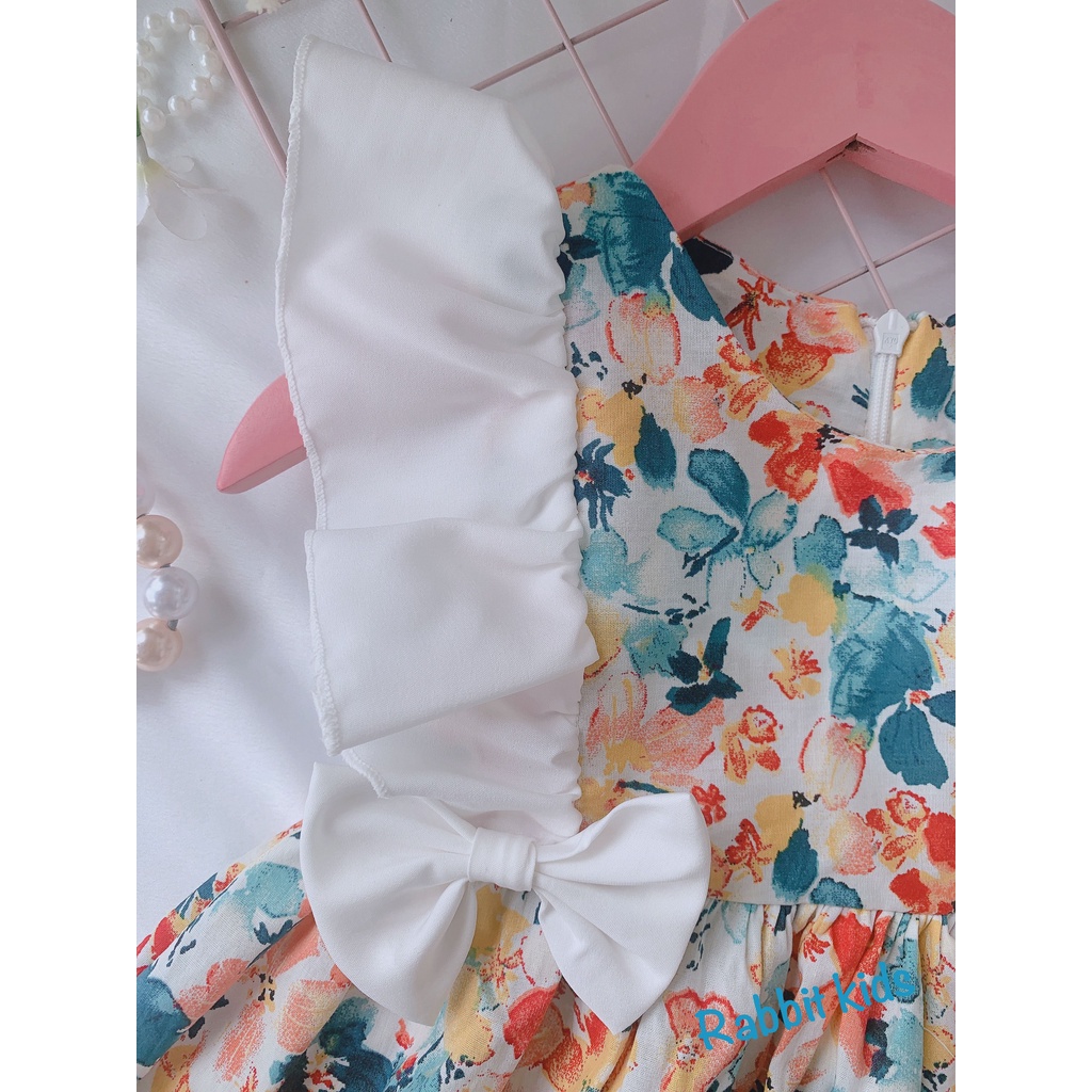 Váy Đầm Hoa Sắc Màu Cho Bé Gái 💝FREESHIP💝 Rabbit Kids - Đầm Xoè Trẻ Em 8 - 22kg Chất Thô Mềm Phối Trắng