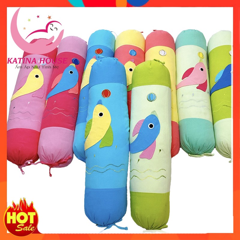 Gối ôm cho bé 70cm, gối cotton mềm mát họa tiết đắp hình cá dễ thương, phù hợp cho bé từ 1 tuổi