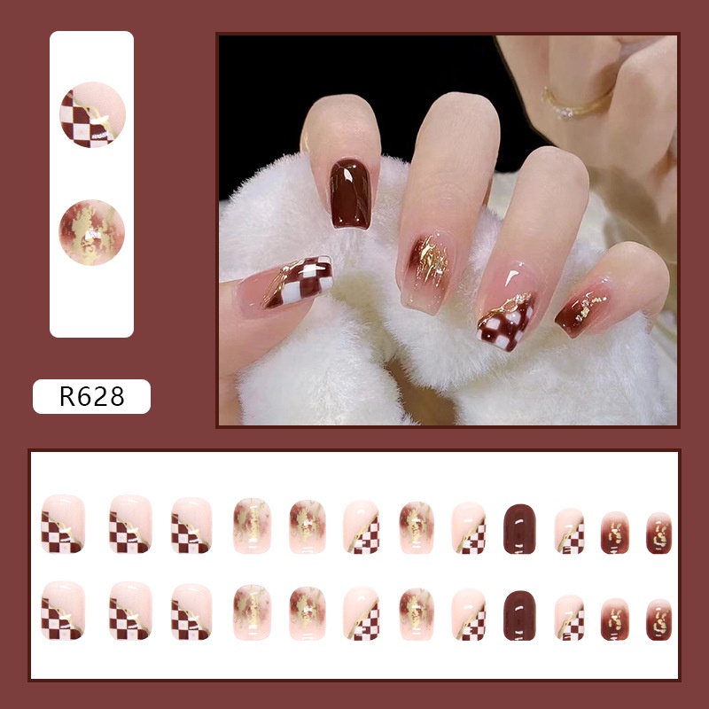 Hộp 24 Móng Tay Giả Hình Vuông Màu Nâu Đậm R628