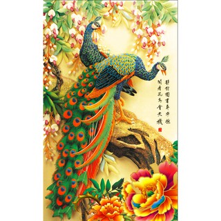 Tranh dán tường 3D chim công -vải lụa kim tuyến - kích thước theo yêu cầu