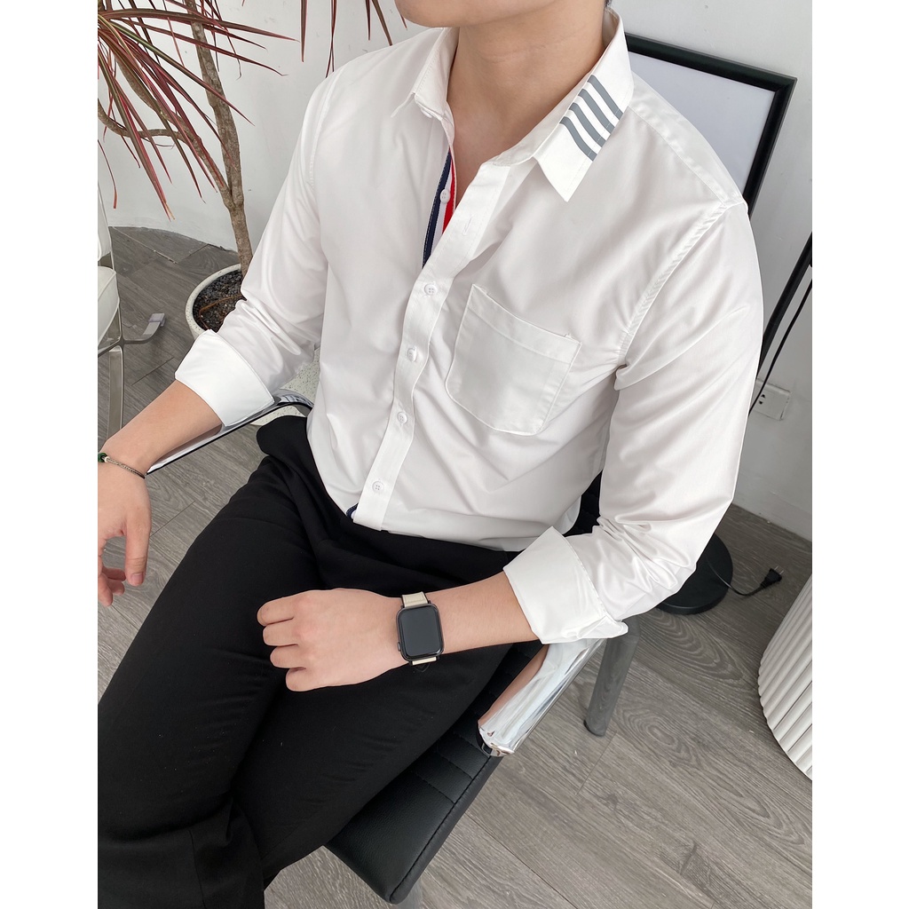 Áo sơ mi nam Thom Browne, sơ mi trắng viền cổ phản quang tiktok Hàn Quốc Ulzzang