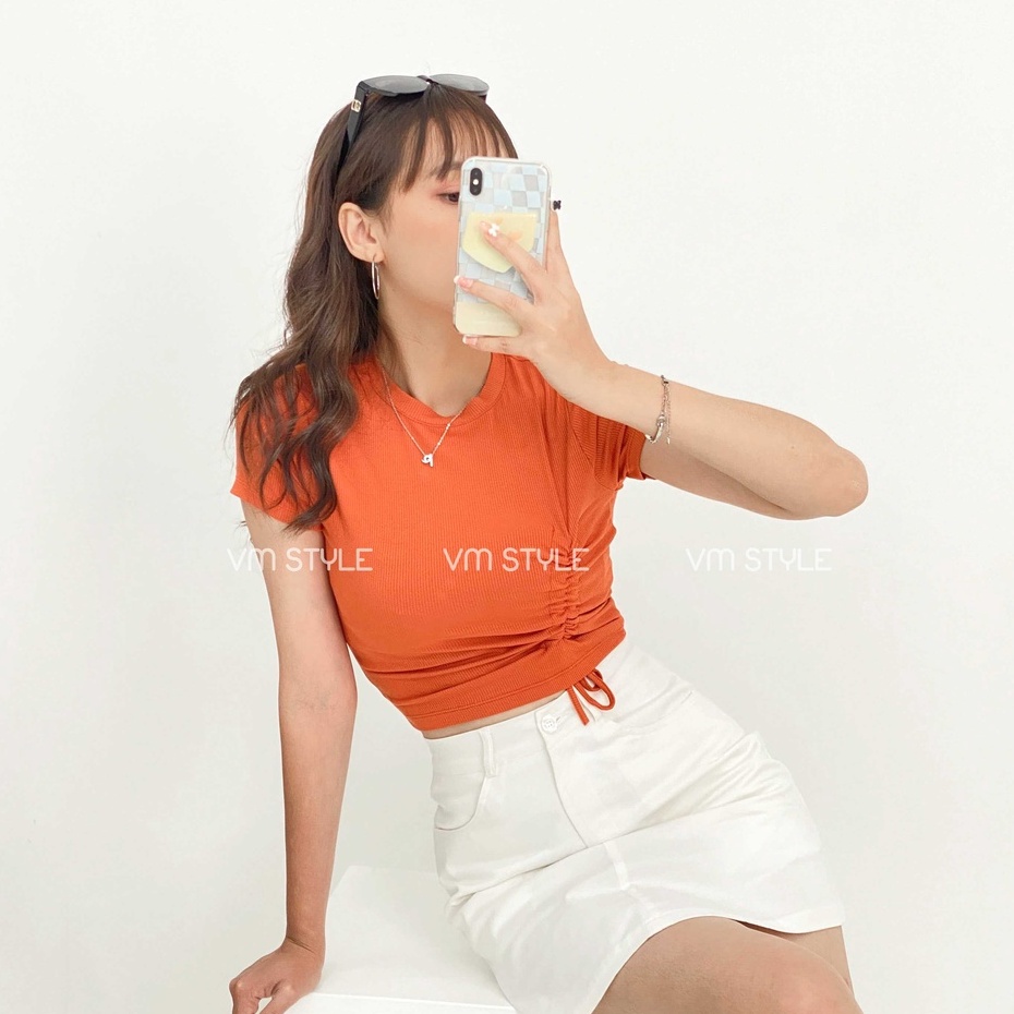 Áo thun tay ngắn VM STYLE rút dây bên nữ ulzzang trơn thời trang 22ATU03T372405