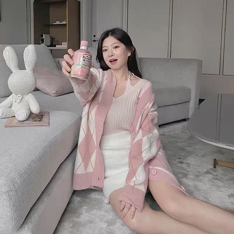 Áo khoác cardigan len nữ kẻ sọc caro kim cương cao cấp, Áo khoác len nữ dài tay dáng rộng phong cách Hàn Quốc