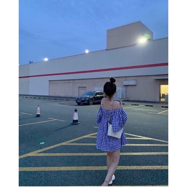 Đầm Babydoll caro Màu Xanh Tươi Mát Tay Phồng