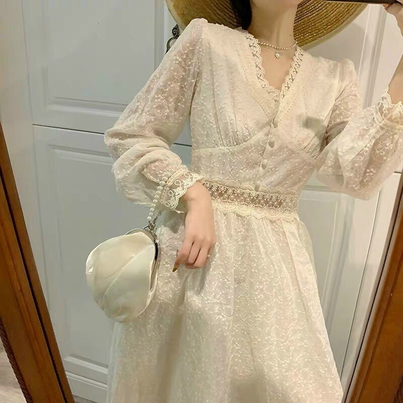 Đầm maxi nude phối lưới viền ren