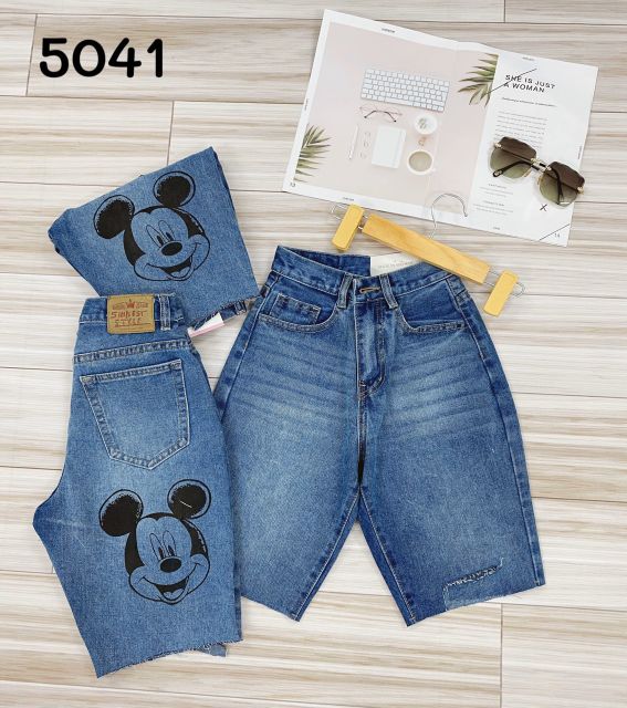 Quần Short Ngố Jean Nữ Form Ngắn In Chuột Mickey MS5041