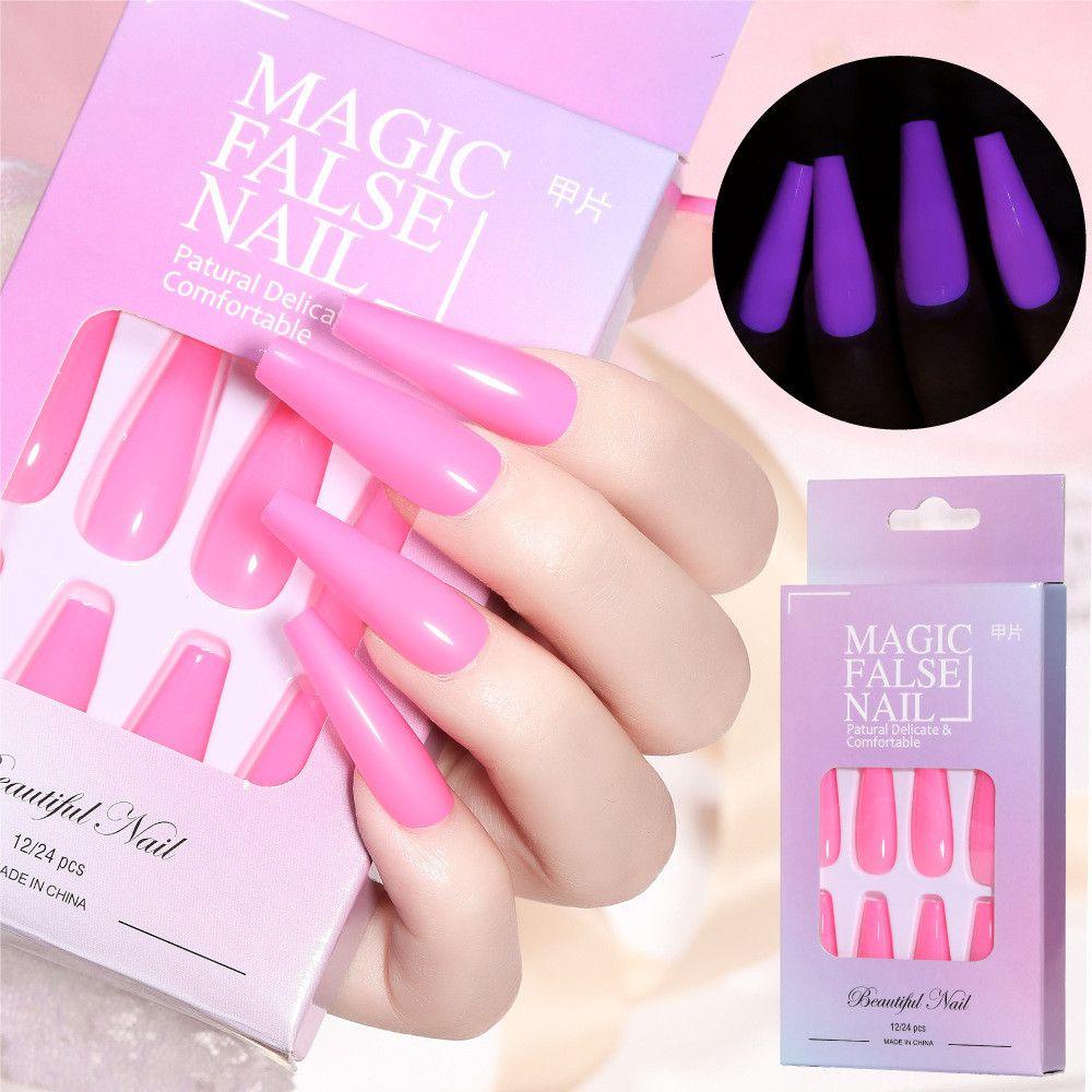 Bộ 24 Móng Tay Giả Hình Quan Tài Màu Trơn Phát Sáng Thời Trang