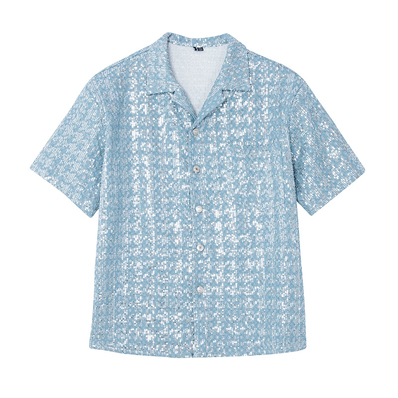 Áo Sơ Mi Denim Tay Ngắn Đính Kim Sa Lấp Lánh Phong Cách Phương Tây Thời Trang Mùa Hè Cho Nam