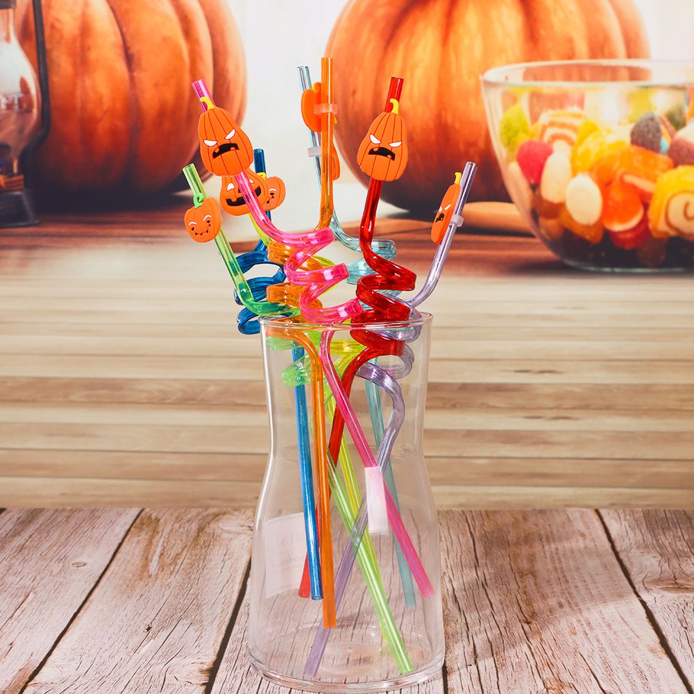 Set 8 Ống Hút Cong Hình Bí Ngô Ma Cà Rồng / Bí Ngô Độc Đáo Trang Trí Halloween Diy