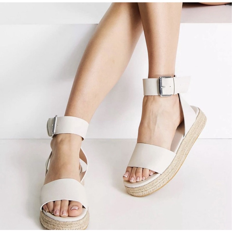 Topshop Sandal đế cói quai chéo cao 3.5cm màu kem chất da PU có SIZE 42