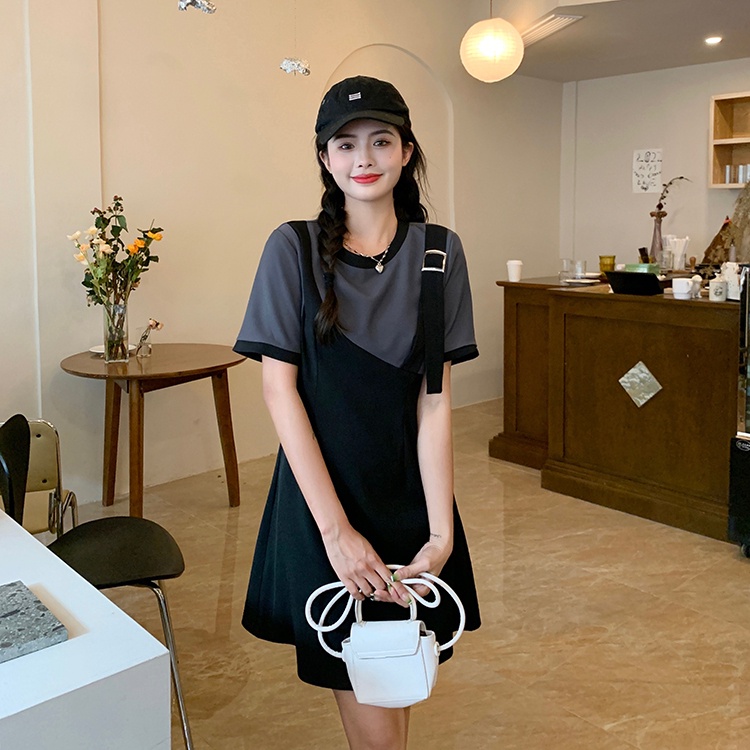 Đầm ZHELIHANGFEI ngắn tay giả hai lớp thiết kế không đồng đều xinh xắn thời trang