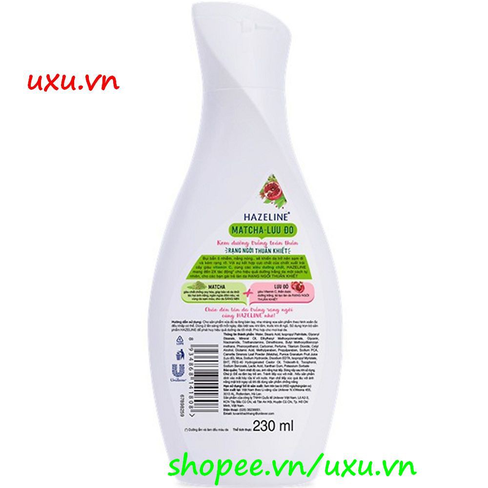 Sữa Dưỡng Thể 230Ml Hazeline Dưỡng Trắng Da Matcha Lựu Đỏ, Với uxu.vn Tất Cả Là Chính Hãng.