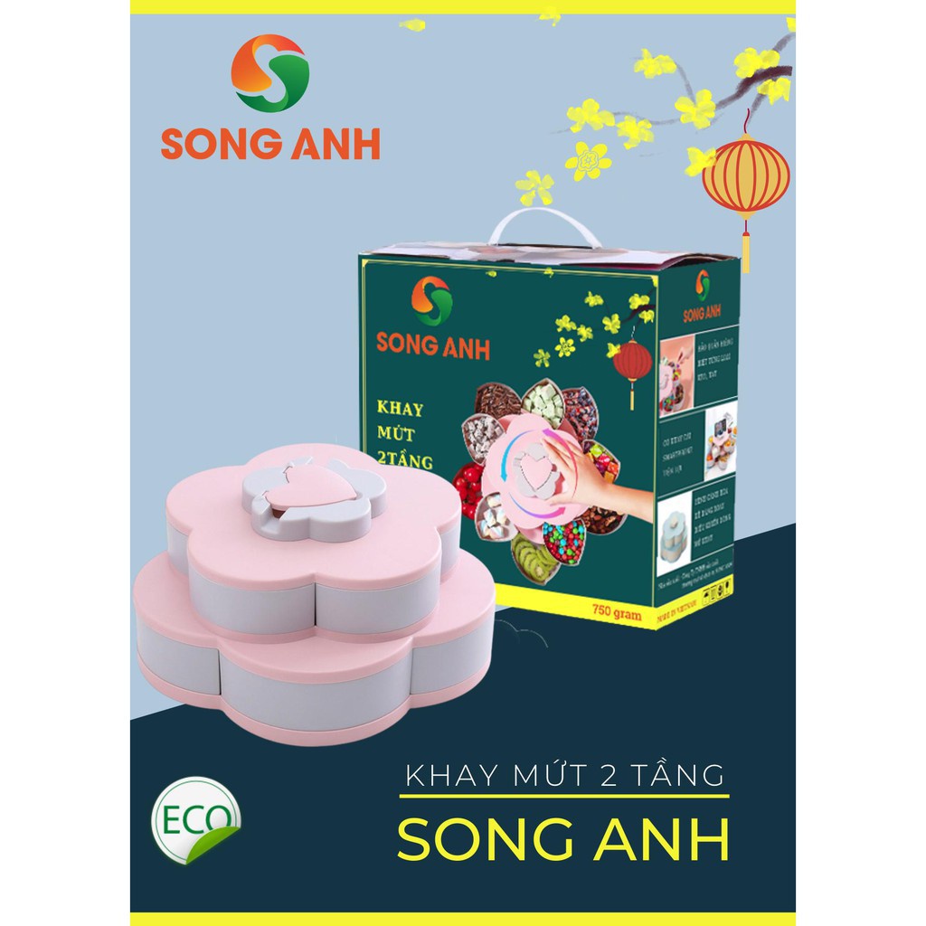 Khay Đựng Mứt Tết Hàng loại 1 Bánh Kẹo 2 Tầng 10 Cánh Xoay, Có Kèm Khe Giá Đỡ Điện Thoại Song Anh