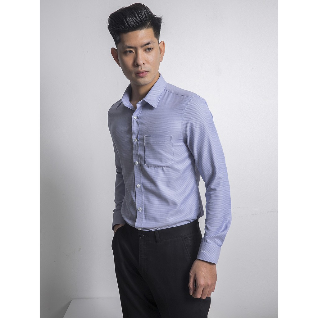 Áo Sơ Mi Nam Tay Dài Aristino ALS31107 Màu Xanh Móc Tam Giác Kiểu Dáng Slim Fit Chất Liệu Sợi Sồi