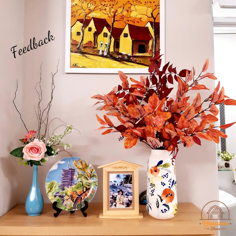 Bình hoa, lọ hoa gốm hình trụ viền vàng và họa tiết cam cực xinh decor phòng khách, bàn làm vệc