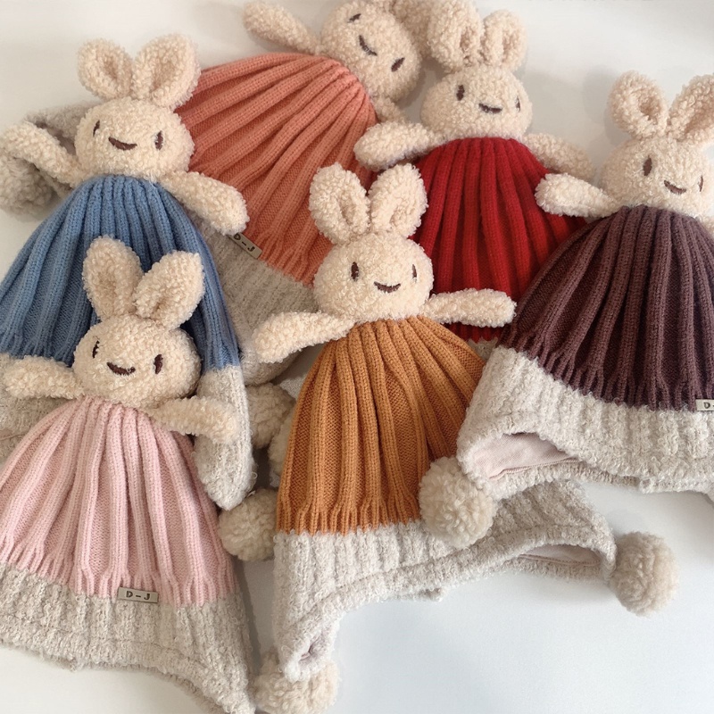 Mũ Len Dệt Kim Đính Tai Thỏ Dễ Thương Thời Trang Thu Đông