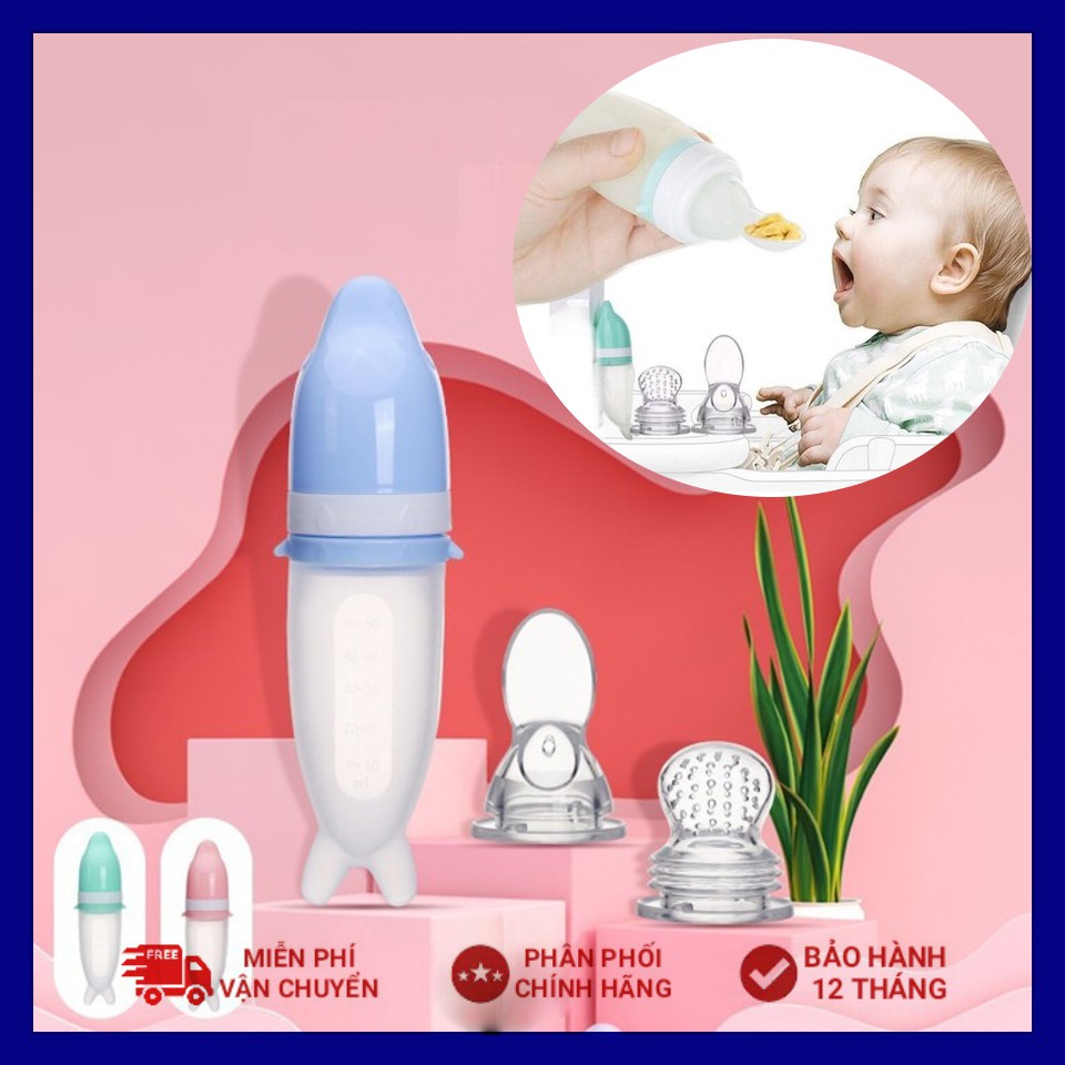 Bình thìa ăn dặm silicone 2in1 siêu mềm hình cá heo kèm núm nhai ăn dặm thông minh chống hóc cho bé Sami Nhật bản