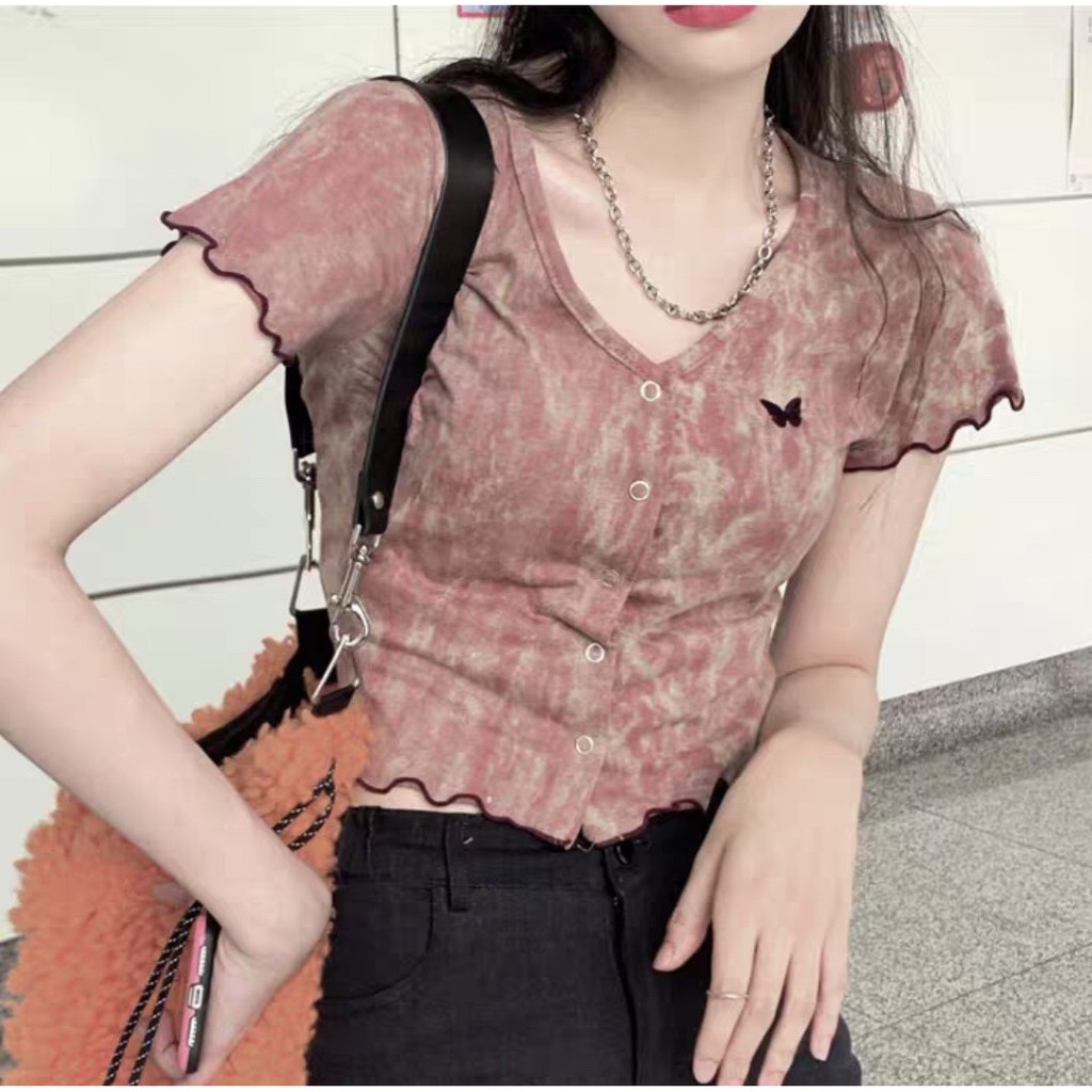 ÁO CROPTOP LOANG THÊU BƯỚM VIỀN CHỈ - ÁO LOANG CÚC CÀI BUTTERFLY PURPLE