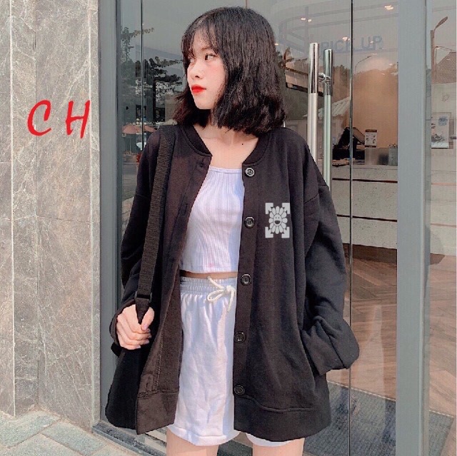 Áo khoác cadigan nỉ bông cúc to in mũi tên phản quang