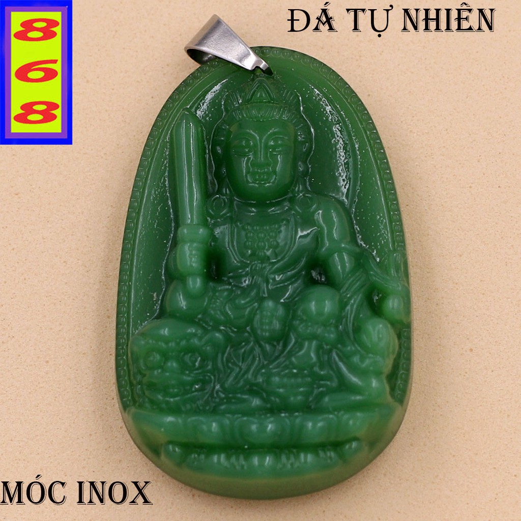 Mặt dây chuyền Bồ Tát Văn Thù đá tự nhiên xanh 4.3cm - Phật bản mệnh tuổi Mão - Tặng kèm móc inox