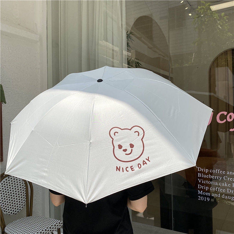 Han Simple Cute Girl Heart Bear Umbrella Cure Smiley Face Vinyl Sun Umbrella Sun Protection Student Dual Purpose Triple Folding Umbrella vVjO