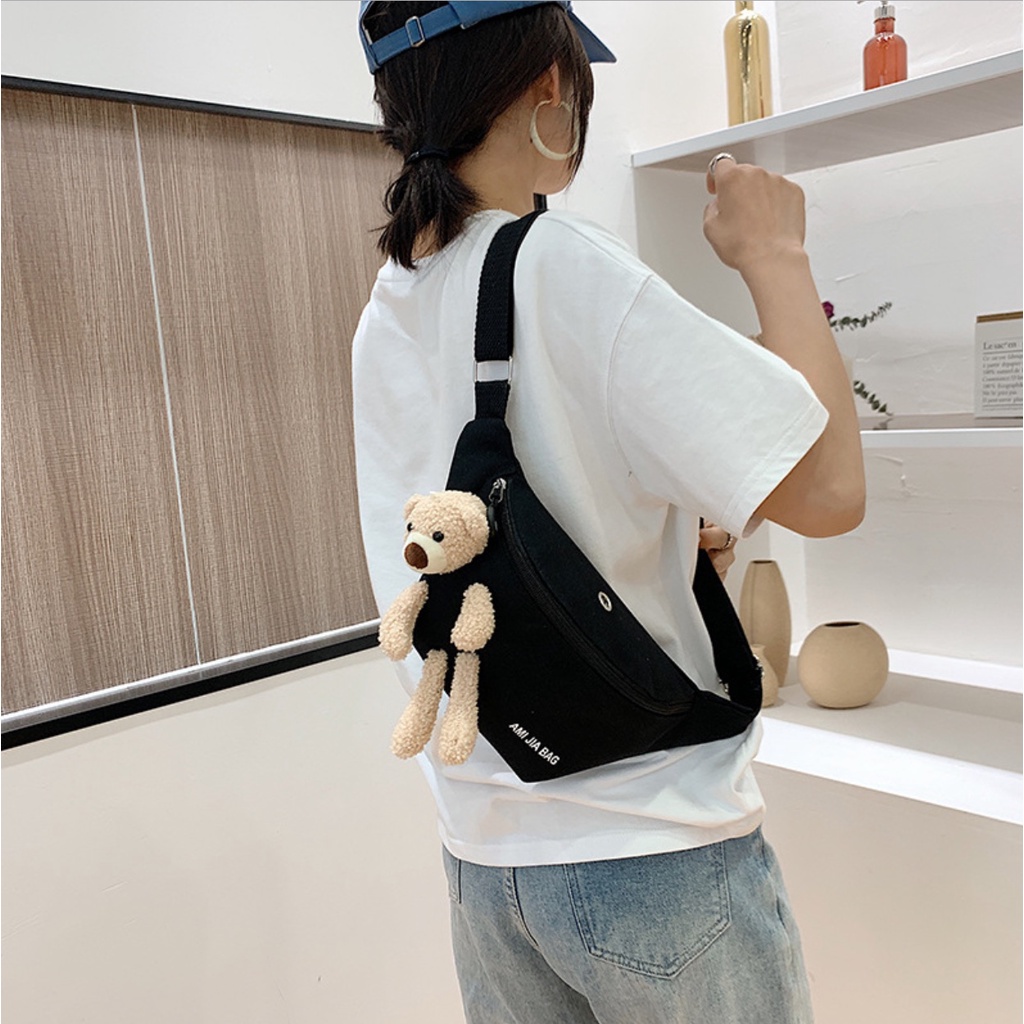 Túi đeo hông, đeo ngực gấu bông 3 màu, vải canvas