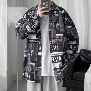 Áo Sơ Mi Tay Dài Dáng Rộng In Họa Tiết Tờ Báo Hoạt Hình Phong Cách Đường Phố Mỹ Thời Trang Mùa Thu 2024 Cho Nam