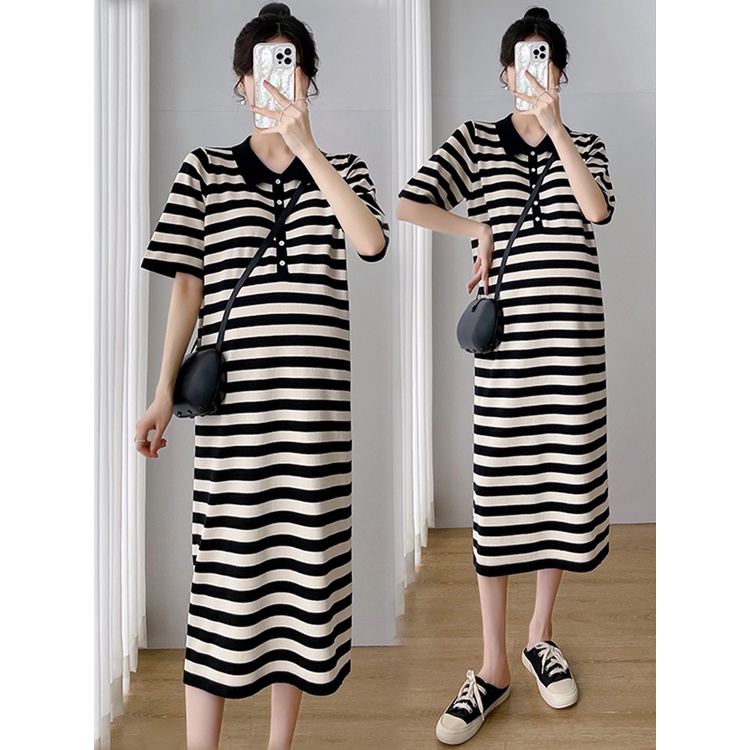 【ZHELIHANGFEI】 / Đầm Bầu Dệt Kim Lụa Lạnh Dáng Rộng Dài Kẻ Sọc