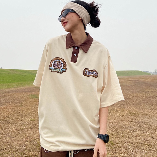 Áo polo Ngắn Tay Dáng Rộng Cổ Đứng Thêu Họa Tiết Đơn Giản Theo Phong Cách Retro Dành Cho Nữ