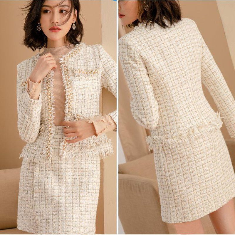 Set áo khoác + chân váy công sở nữ dạ tweed đính cườm sang trọng
