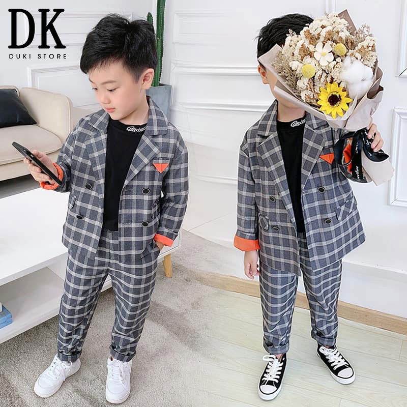 Bộ vest cho bé trai 4 cúc kẻ caro cực điệu