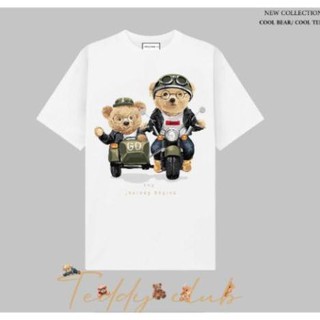 Áo thun hai chú gấu teddyy trên xe Áo unisex, áo thun đôi nam nữ đen trắng from rộng, vải cotton