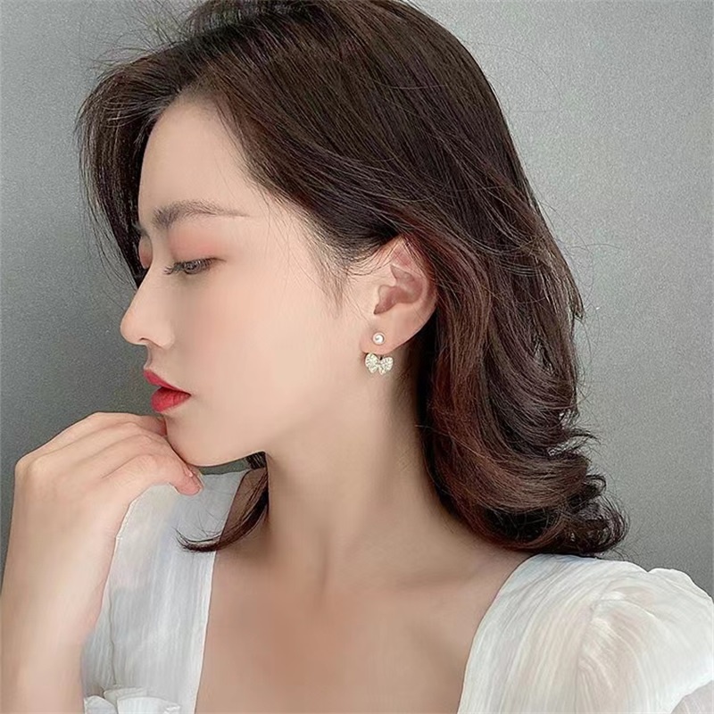 Bông Tai Bạc s925 Hình Nơ Đính Ngọc Trai Phong Cách Hàn Quốc