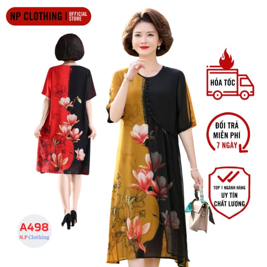 VIP Đầm Trung Niên D498, Mẫu Váy Hoa Cho Mẹ Cổ Tròn Ngắn Tay Form Suông Rộng Rãi Thoải Mái | Thời Trang Trung Niên U50