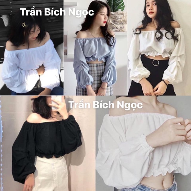 ÁO KAIA CROPTOP - ÁO TRỄ VAI TAY DÀI SIÊU XINH - Áo croptop trễ vai tay phồng nhíu chỉ ulzzang