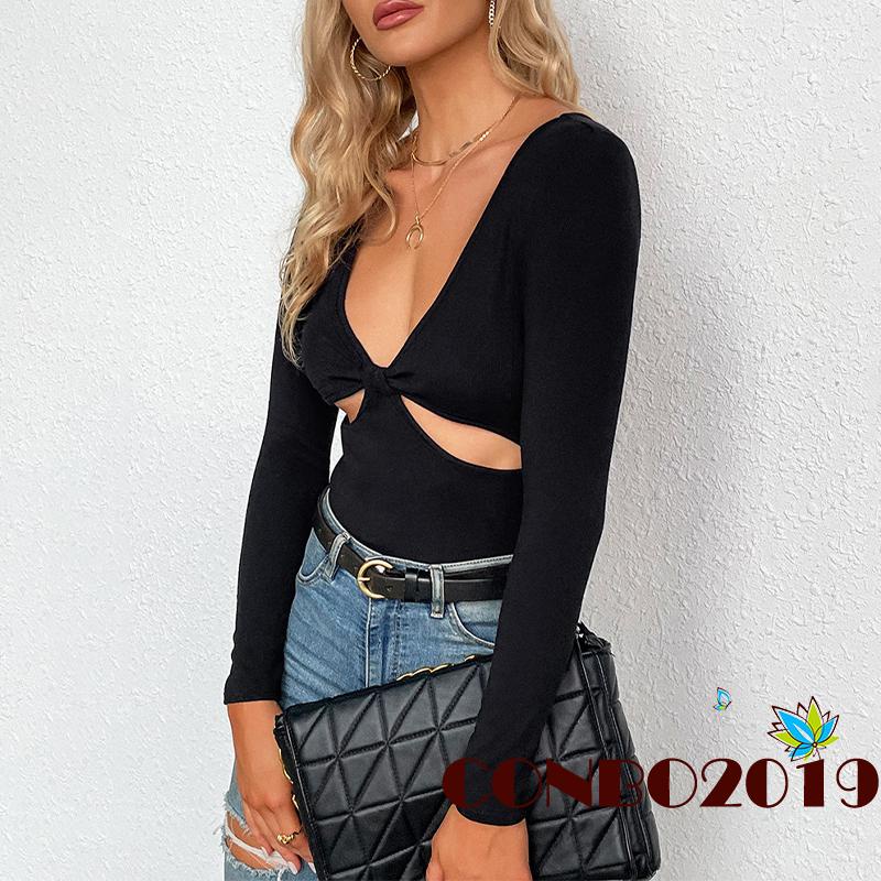 HGM-Women´s T-Shirt Solid Color Long Sleeve V-Neck Design Hollow Slim Fit Versatile Casual Tops